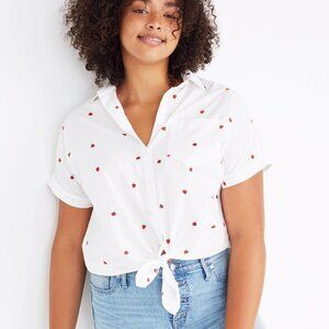 Madewell Embroidered Short-Sleeve Tie-Front Shirt in Fresh Strawberries